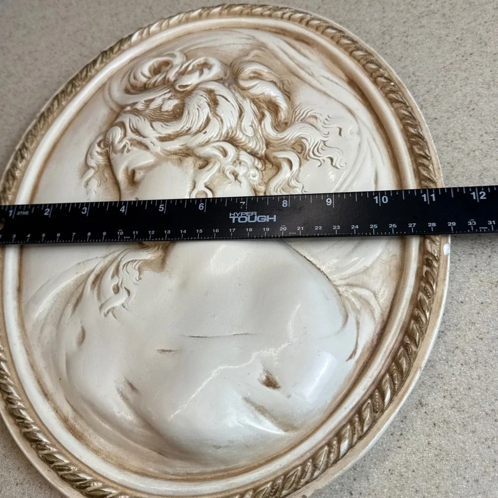 Vintage Cameo Style Oval Wall Plaque Relief Woman Profile Ivory Gold Rope Edge